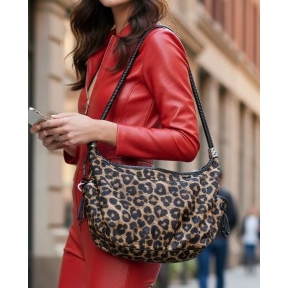 Brighton Handbags - VTG Brighton Leopard Print Nylon Hobo Bag Braided Leather Handle Silver Y2K